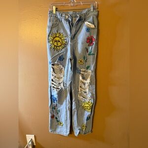 SHEIN Sun and Floral Distressed Boyfriend Jeans